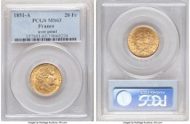 Republic gold 20 Francs 1851-A MS63 PCGS, Paris mint, KM762. With Dot variety. Lustrous and undeniably attractive for the grade, the only factor limit...