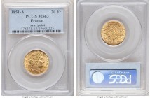 Republic gold 20 Francs 1851-A MS63 PCGS, Paris mint, KM762. Without Dot variety. 

HID09801242017

© 2020 Heritage Auctions | All Rights Reserve