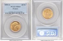 Napoleon III gold 20 Francs 1853-A MS64 PCGS, Paris mint, KM781.1. Scintillatingly lustrous and revealingly only faint wisps of handling. 

HID0980124...