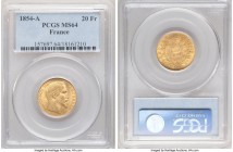 Napoleon III gold 20 Francs 1854-A MS64 PCGS, Paris mint, KM781.1. Endowed with a thin veil of silvery tone over glowing golden surfaces. 

HID0980124...