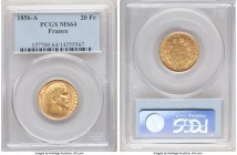 Napoleon III gold 20 Francs 1856-A MS64 PCGS, Paris mint, KM781.1. A lustrous specimen endowed with hints of brass-gold tone. 

HID09801242017

© 2020...