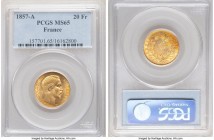 Napoleon III gold 20 Francs 1857-A MS65 PCGS, Paris mint, KM781.1. A shimmering gem endowed with an alluring arrangement of autumnal and opalescent to...