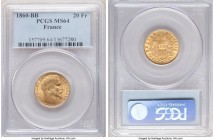 Napoleon III gold 20 Francs 1860-BB MS64 PCGS, Strasbourg mint, KM781.2. Choice, with satiny luster expressed over well-kept surfaces. 

HID0980124201...