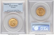 Napoleon III gold 20 Francs 1860/50-A MS62 PCGS, Paris mint, KM781.1. An interesting overdate variety featuring a clear 6/5 under magnification. 

HID...