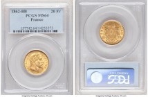 Napoleon III gold 20 Francs 1862-BB MS64 PCGS, Strasbourg mint, KM801.2. An appealing type coin displaying a near-perfect satin reverse finish. 

HID0...