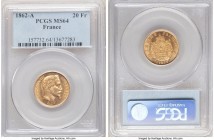 Napoleon III gold 20 Francs 1862-A MS64 PCGS, Paris mint, KM801.1. Copper-gold and revealing a hint of reflectivity to the fields. 

HID09801242017

©...