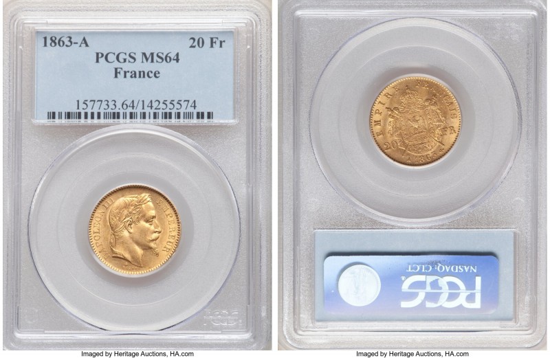 Napoleon III gold 20 Francs 1863-A MS64 PCGS, Paris mint, KM801.1. A shimmering ...
