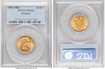 Napoleon III gold 20 Francs 1863-BB MS64 PCGS, Strasbourg mint, KM801.2. An attractive piece benefitting from a firm strike. 

HID09801242017

© 2020 ...