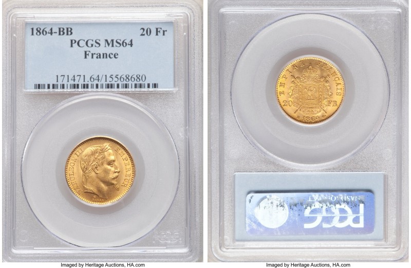 Napoleon III gold 20 Francs 1864-BB MS64 PCGS, Strasbourg mint, KM801.2. Visuall...