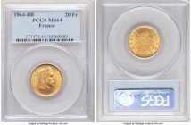Napoleon III gold 20 Francs 1864-BB MS64 PCGS, Strasbourg mint, KM801.2. Visually gratifying and displaying only the faintest instances of handling. 
...