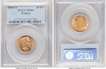 Napoleon III gold 20 Francs 1864-A MS64 PCGS, Paris mint, KM801.1. Watery for the type, the devices crafted with uniform clarity. 

HID09801242017

© ...