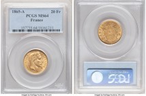 Napoleon III gold 20 Francs 1865-A MS64 PCGS, Paris mint, KM801.1. Lightly toned, every detail clearly outlined. 

HID09801242017

© 2020 Heritage Auc...