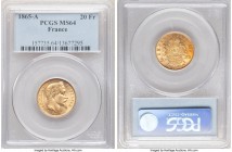 Napoleon III gold 20 Francs 1865-A MS64 PCGS, Paris mint, KM801.1. Luminous over well-kept fields, the reverse decorated in vibrant tangerine tone. 

...