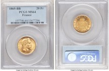 Napoleon III gold 20 Francs 1865-BB MS64 PCGS, Strasbourg mint, KM801.2. A sharp selection bathed in aurous brilliance. 

HID09801242017

© 2020 Herit...