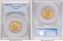 Napoleon III gold 20 Francs 1866-BB MS64 PCGS, Strasbourg mint, KM801.2. A highly appealing representative displaying impressive lustrous depth. 

HID...