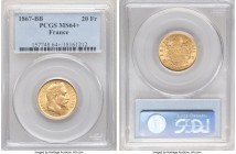 Napoleon III gold 20 Francs 1867-BB MS64+ PCGS, Strasbourg mint, KM801.2. Lightly handled, with expressive velveteen reverse surfaces. 

HID0980124201...