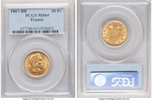 Napoleon III gold 20 Francs 1867-BB MS64 PCGS, Strasbourg mint, KM801.2. A charming example offering balanced visual appeal. 

HID09801242017

© 2020 ...