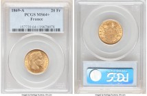 Napoleon III gold 20 Francs 1869-A MS64+ PCGS, Paris mint, KM801.1. Very lightly toned, a satiny golden bloom dressing the well-kept fields. 

HID0980...