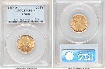 Napoleon III gold 20 Francs 1869-A MS64+ PCGS, Paris mint, KM801.1. A worthy representative of its date and type, very nearly of gem quality. 

HID098...