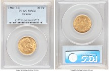 Napoleon III gold 20 Francs 1869-BB MS64 PCGS, Strasbourg mint, KM801.2. A wholly satiny and inviting representative of its date and type. 

HID098012...