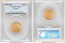 Napoleon III gold 20 Francs 1870-BB MS64 PCGS, Strasbourg mint, KM801.2. A harvest gold specimen struck in the final year of Napoleon III's reign as E...