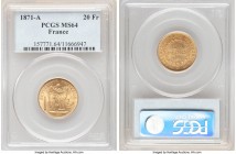 Republic gold 20 Francs 1871-A MS64 PCGS, Paris mint, KM825. A gratifying example exuding harvest-gold color. 

HID09801242017

© 2020 Heritage Auctio...