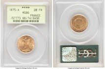 Republic gold 20 Francs 1875-A MS66 PCGS, Paris mint, KM825. A true jewel of striking aesthetic appeal. Only a single specimen certifies finer (at MS6...