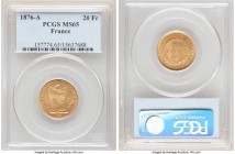 Republic gold 20 Francs 1876-A MS65 PCGS, Paris mint, KM825. Silky throughout nearly pristine surfaces - a coin worthy of close collector inspection. ...