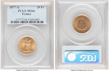 Republic gold 20 Francs 1877-A MS66 PCGS, Paris mint, KM825. Of elite quality for the date, with no examples currently certified finer. 

HID098012420...