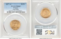 Republic gold 20 Francs 1877-A MS65 PCGS, Paris mint, KM825, Gad-1063. Superbly appealing, combining a clear obverse cartwheel effect with a reverse r...