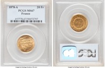 Republic gold 20 Francs 1878-A MS67 PCGS, Paris mint, KM825. The single finest example of the date certified by either PCGS or NGC. 

HID09801242017

...