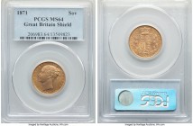 Victoria gold "Shield" Sovereign 1871 MS64 PCGS, KM752, S-3853B. Radiant and mildly reflective to the obverse - a highly appealing type coin. 

HID098...