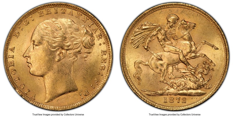 Victoria gold "St. George" Sovereign 1872 MS63 PCGS, KM752, S-3856A. A bright re...