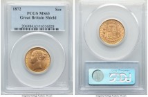 Victoria gold "Shield" Sovereign 1872 MS63 PCGS, KM736.2. Laden with silken luster over surfaces revealing only trivial instances of handling. 

HID09...
