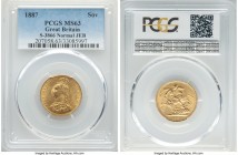 Victoria gold "Jubilee Head" Sovereign 1887 MS63 PCGS, KM767, S-3866. Normal JEB variety. Struck on a bright lemon-gold planchet. 

HID09801242017

© ...