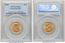 Edward VII gold Sovereign 1905 MS63 PCGS, KM805. Scintillating luster is expressed throughout, only a light peppering of handling limiting the grade, ...