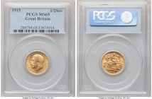 George V gold 1/2 Sovereign 1915 MS65 PCGS, KM819. Clear of any meaningful flaws whatsoever, the strike yielding well-outlined devices, only a hint of...