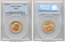British India. George V gold Sovereign 1918-I MS65 PCGS, Mumbai mint, KM-A525. A luminous gem selection of this single-year type. Tied for the finest ...