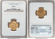 Umberto I gold 20 Lire 1879-R MS64 NGC, Rome mint, KM21. Aesthetically pleasing and kept from further heights by only a light dispersion of gentle han...