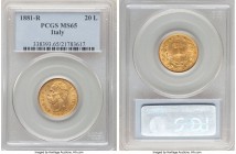 Umberto I gold 20 Lire 1881-R MS65 PCGS, Rome mint, KM21. Sheathed in silky luster, not a stray mark of consequence to be found. 

HID09801242017

© 2...