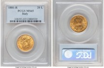 Umberto I gold 20 Lire 1881-R MS65 PCGS, Rome mint, KM21. Exuding splendid sunflower golden color, the surfaces velveteen and devoid of meaningful sig...