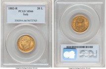 Umberto I gold 20 Lire 1882-R MS66 PCGS, Rome mint, KM21. Supremely brilliant with just a hint of patina over resplendent surfaces. 

HID09801242017

...