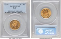 Umberto I gold 20 Lire 1/1882-R MS65 PCGS, Rome mint, KM21. Struck with near-medallic precision, the devices enveloped in a pervasive aurous brillianc...