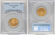 Umberto I gold 20 Lire 1883-R MS65 PCGS, Rome mint, KM21. An inviting selection of a vibrant golden hue intermingling satin peripheral luster with cen...