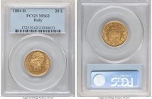 Umberto I gold 20 Lire 1884-R MS62 PCGS, Rome mint, KM21. Bright sun-gold and highly reflective, this feature subdued only by scattered light handling...