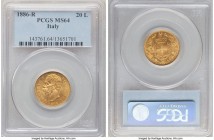 Umberto I gold 20 Lire 1886-R MS64 PCGS, Rome mint, KM21. Only virtually undetectable ticks over the surfaces keep this impressive, scintillating piec...