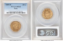 Umberto I gold 20 Lire 1889-R MS64 PCGS, Rome mint, KM21. Displaying a distinctive shimmer in the fields that carries through obverse and reverse alik...