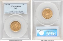 Umberto I gold 20 Lire 1893-R MS64 PCGS, Rome mint, KM21. A beaming selection whose reflectivity is tempered by a soft expression of surface patinatio...