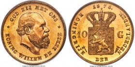Willem III gold 10 Gulden 1875 MS68 PCGS, KM105. An exceedingly unlikely conditional survivor in this peak-grade condition. It is unlikely that most c...
