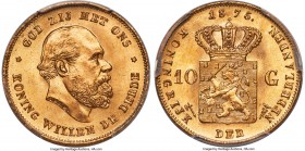 Willem III gold 10 Gulden 1875 MS67+ PCGS, KM105. A near-flawless specimen displaying every conceivable hallmark of technical quality. The perfect typ...